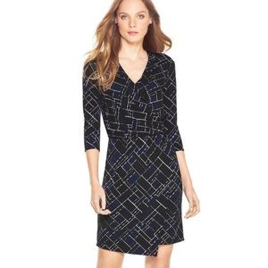 White House Black Market Black, Blue, and White Geometric Long Sleeve Wrap Dress
